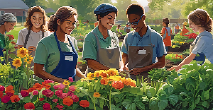A diverse group of volunteers planting flowers and vegetables in a community garden under warm sunlight, surrounded by greenery and colorful blooms.