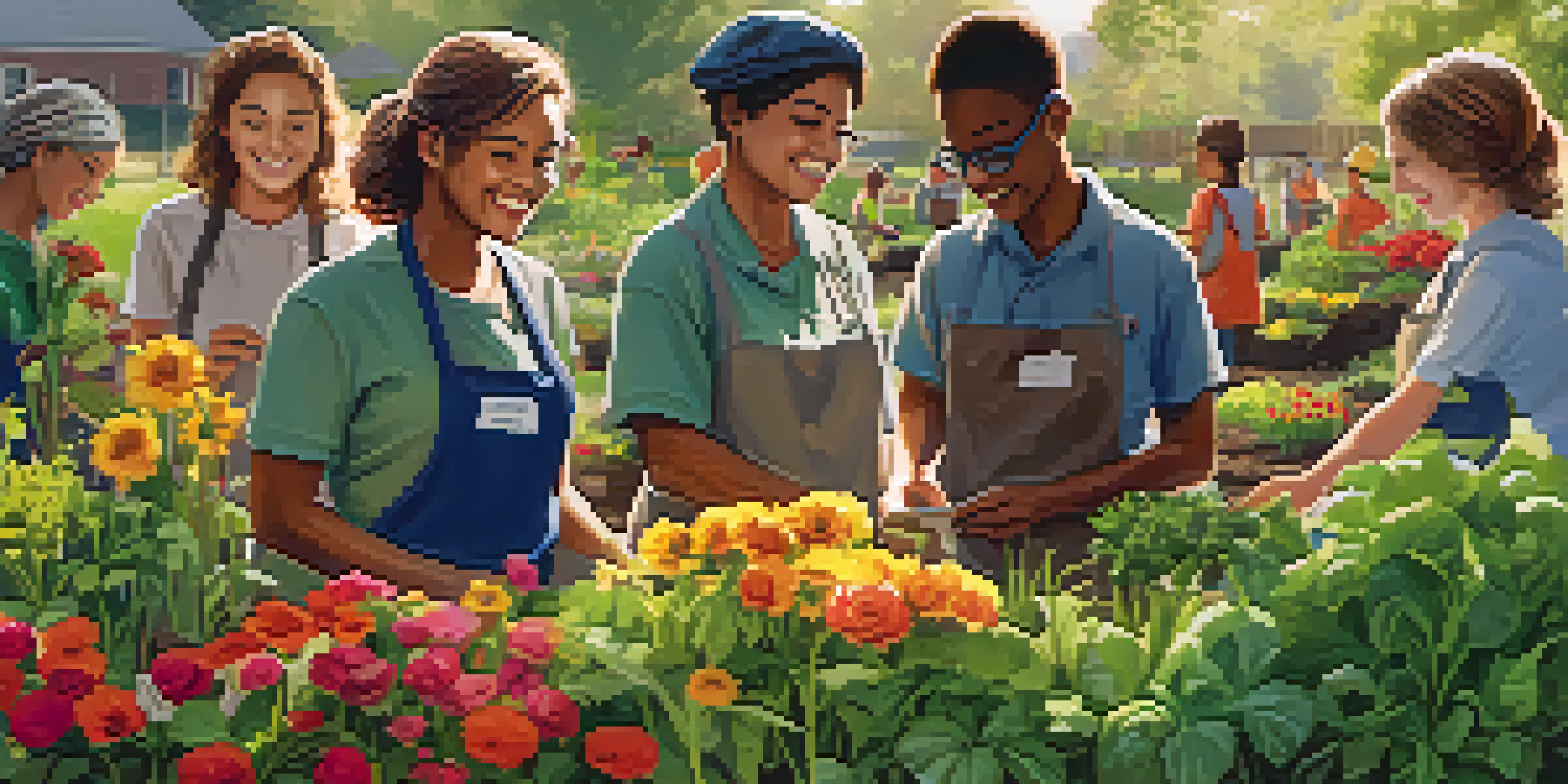 A diverse group of volunteers planting flowers and vegetables in a community garden under warm sunlight, surrounded by greenery and colorful blooms.