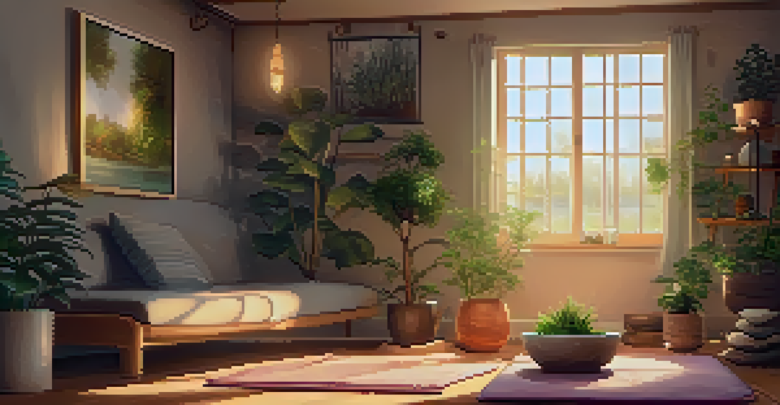 A cozy indoor meditation corner with cushions, candles, and plants.