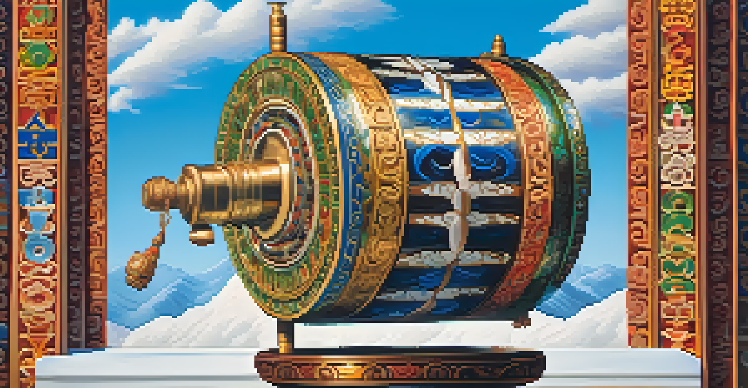 An intricately designed Buddhist prayer wheel in front of the Himalayas, showcasing colorful patterns against a clear blue sky.