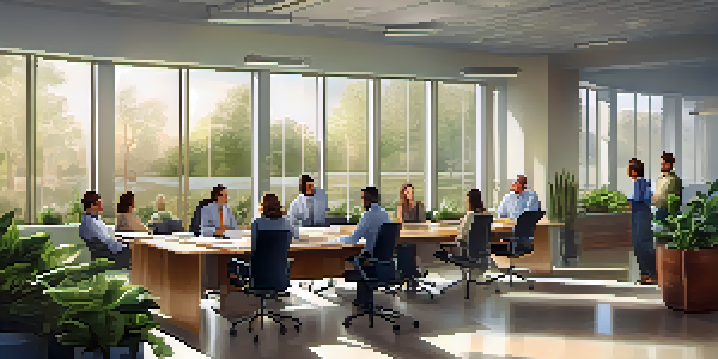 A diverse group of employees in a bright office, discussing around a conference table with plants and motivational quotes.