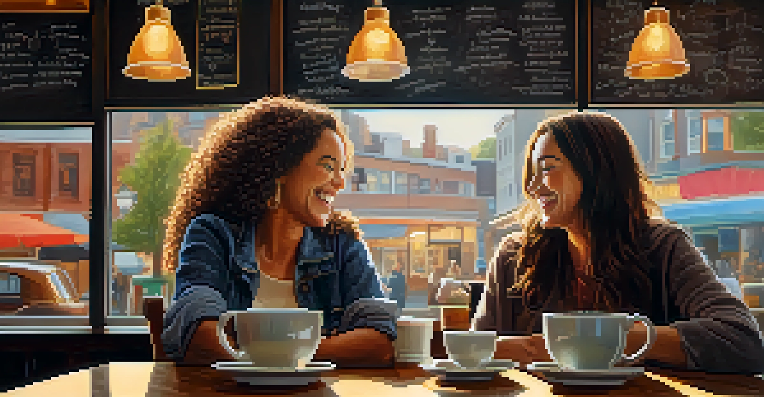 Two friends laughing together in a cozy coffee shop, with warm lighting and coffee cups on the table.