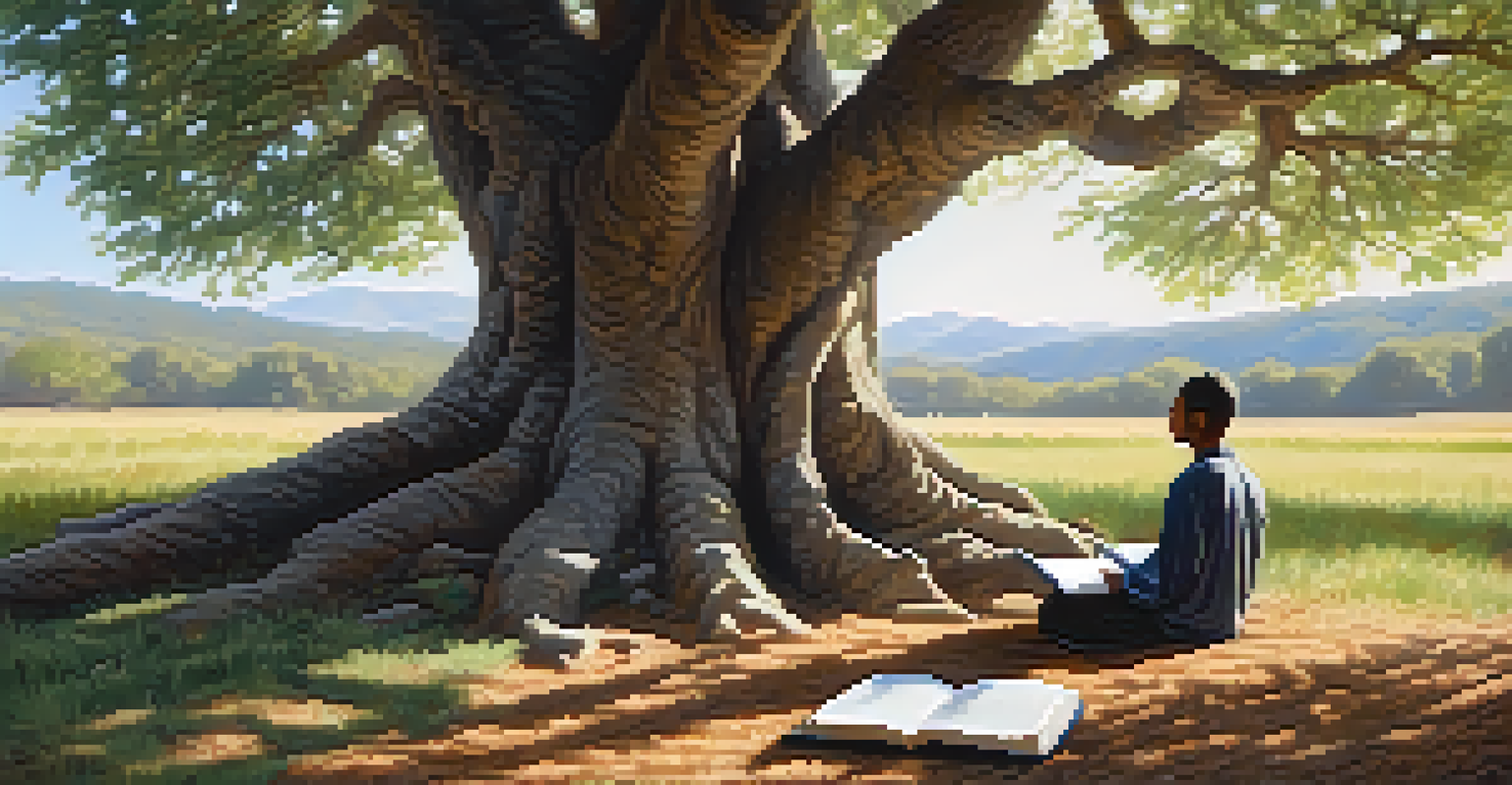 A person meditating under an ancient tree, with sunlight filtering through the leaves, and a journal beside them.