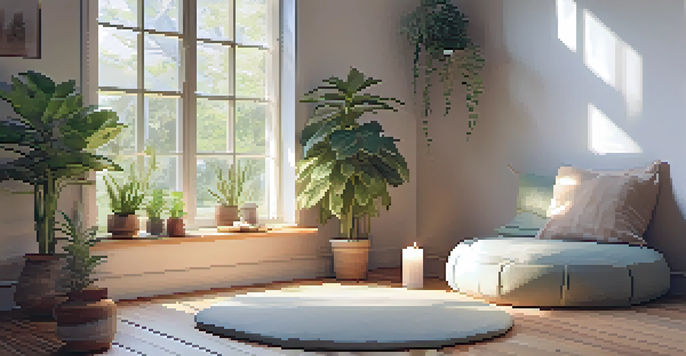 A calm meditation area with natural light, a cushion on the floor, plants, and candles, creating a peaceful ambiance.