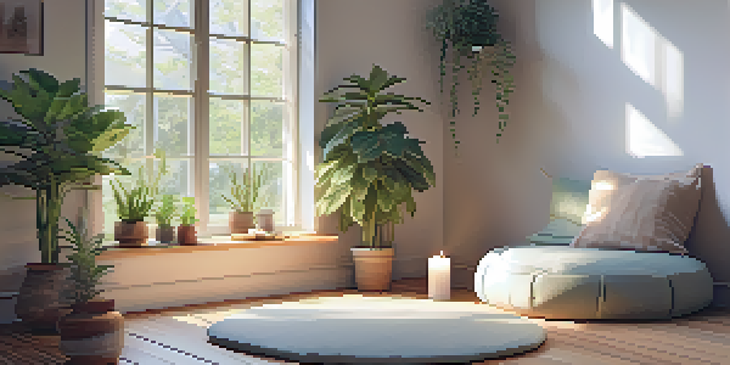 A calm meditation area with natural light, a cushion on the floor, plants, and candles, creating a peaceful ambiance.