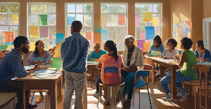 A diverse group of people in a community center working together in a workshop, with posters about economic justice on the walls and warm sunlight coming through the windows.