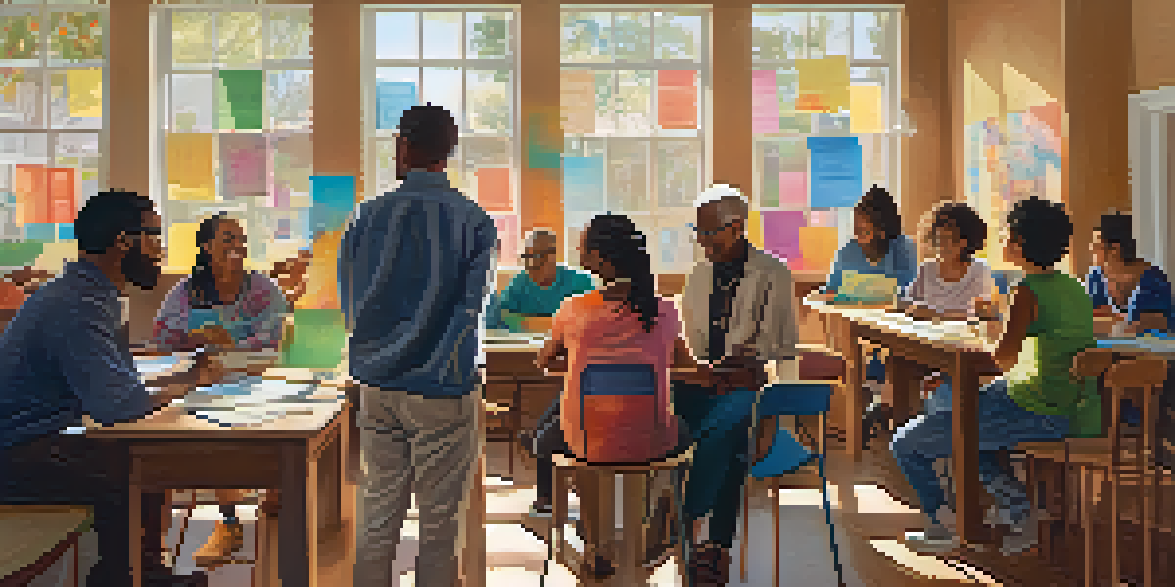 A diverse group of people in a community center working together in a workshop, with posters about economic justice on the walls and warm sunlight coming through the windows.