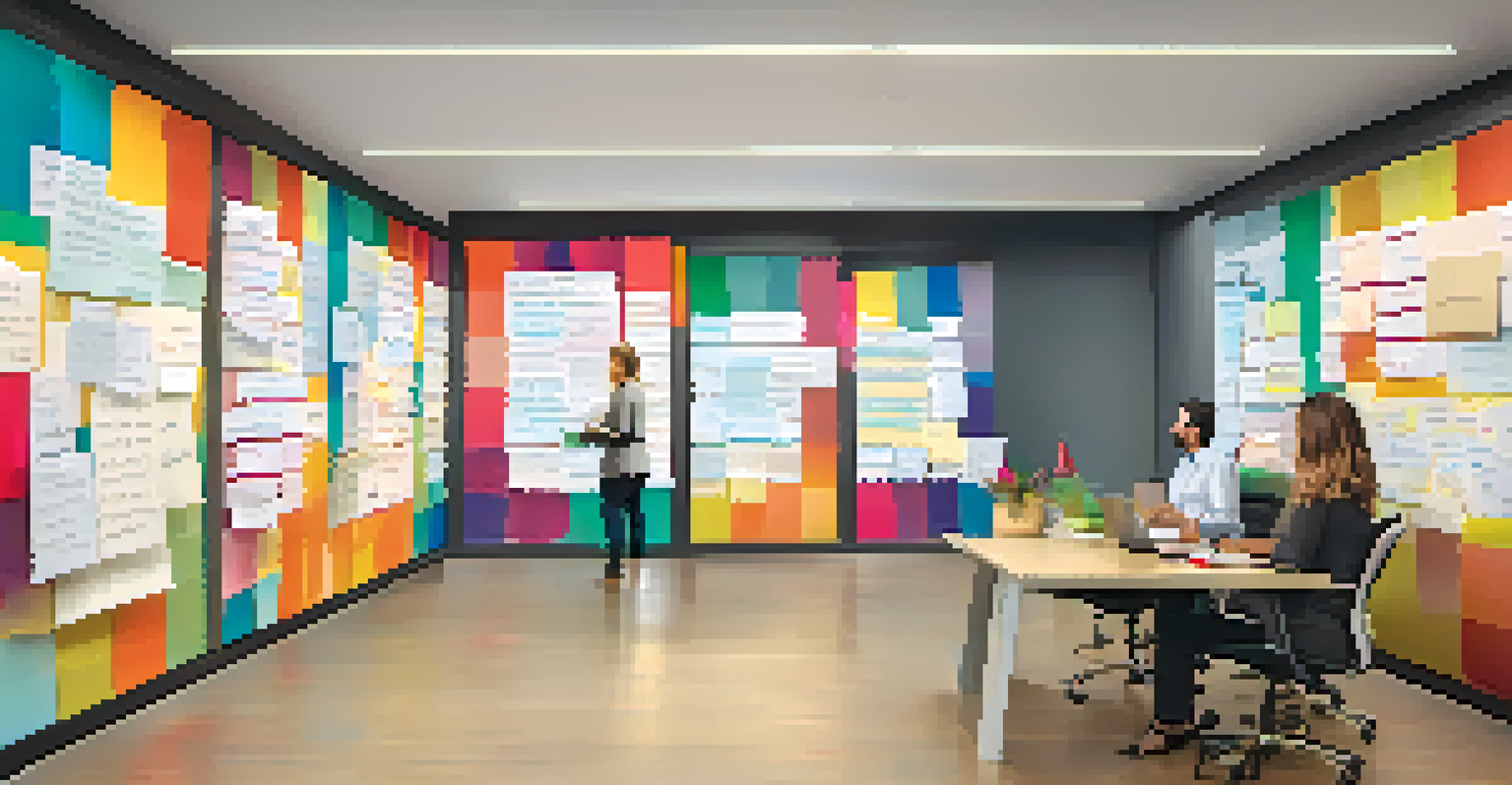 A gratitude wall filled with colorful notes of appreciation in a modern office, with employees smiling and reading the notes.