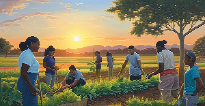 A diverse group of people planting trees together under a colorful sunset, representing community service and cultural connection.