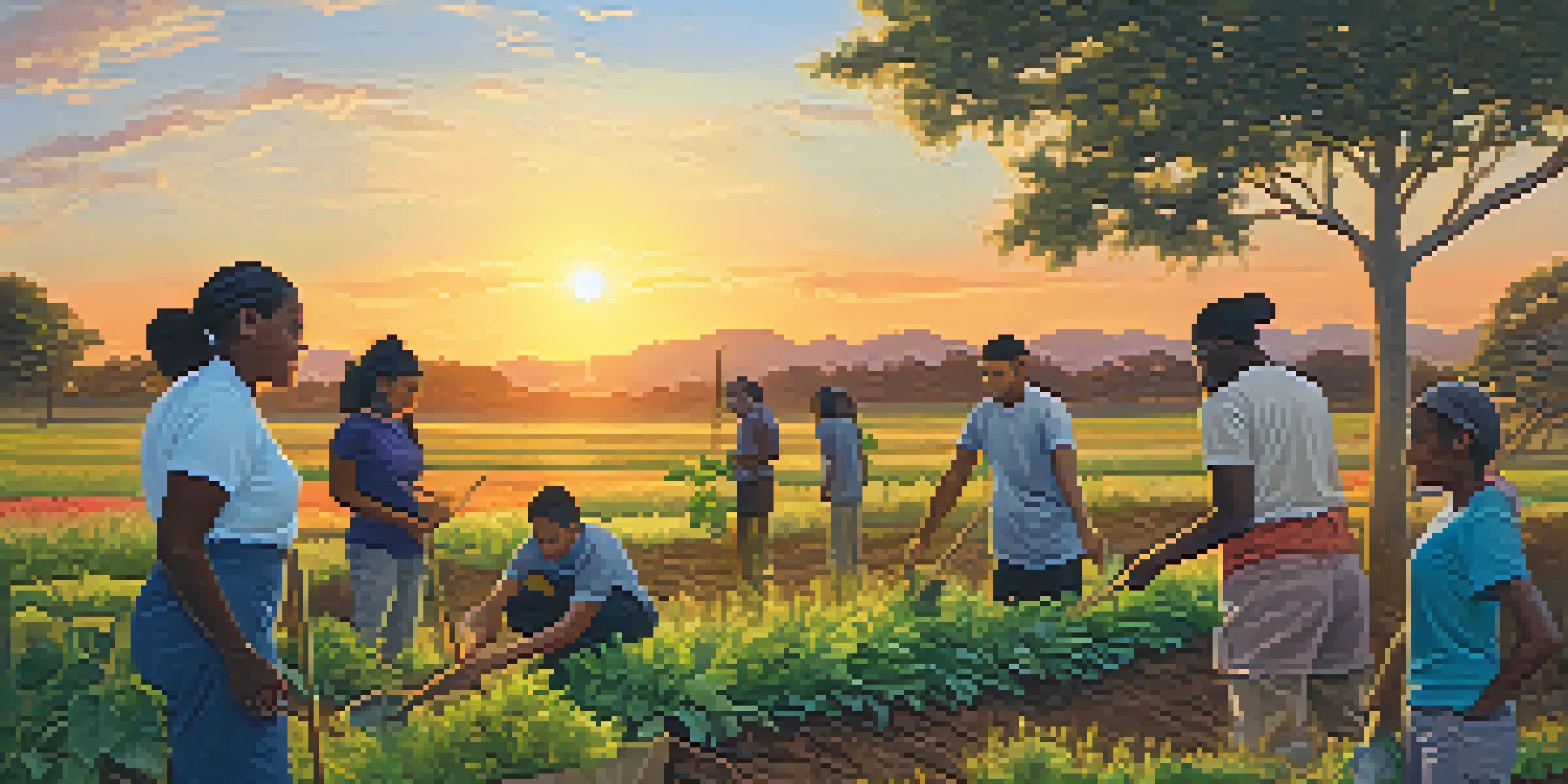 A diverse group of people planting trees together under a colorful sunset, representing community service and cultural connection.