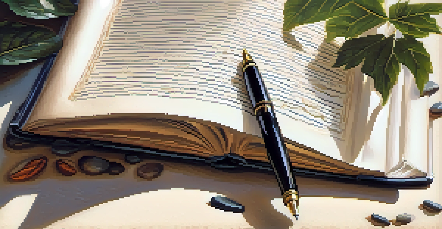 A close-up of an open journal with a fountain pen beside it, surrounded by natural elements, illuminated by soft light.