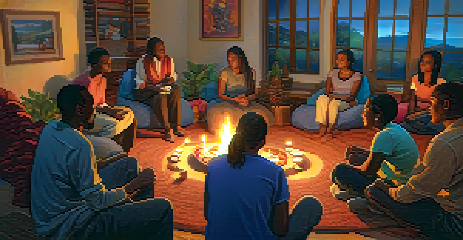 A cozy circle of people sharing stories in a warmly lit room with cushions and candles, emphasizing community support.