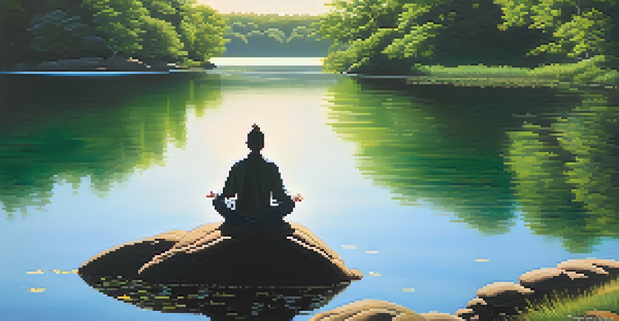 A person meditating on a rock by a serene lake surrounded by trees, reflecting sunlight on the water.