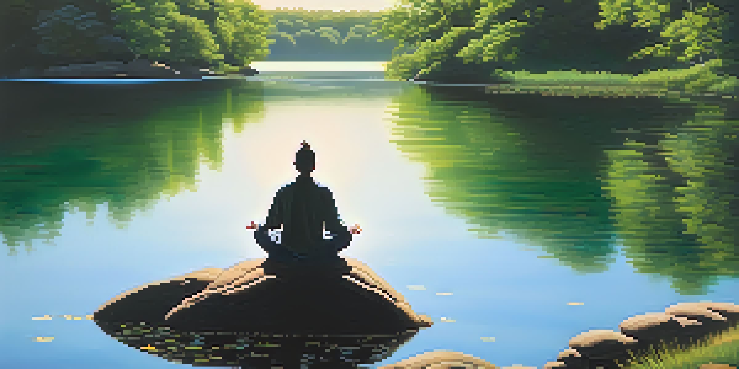 A person meditating on a rock by a serene lake surrounded by trees, reflecting sunlight on the water.