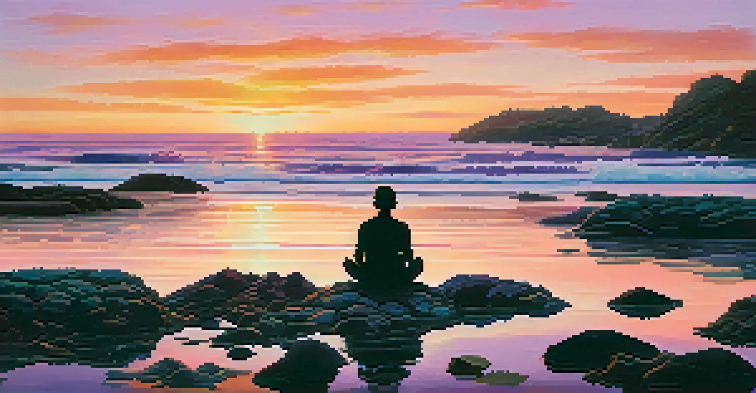 A person meditating on a beach at sunset, with waves gently lapping at the shore and a colorful sky.