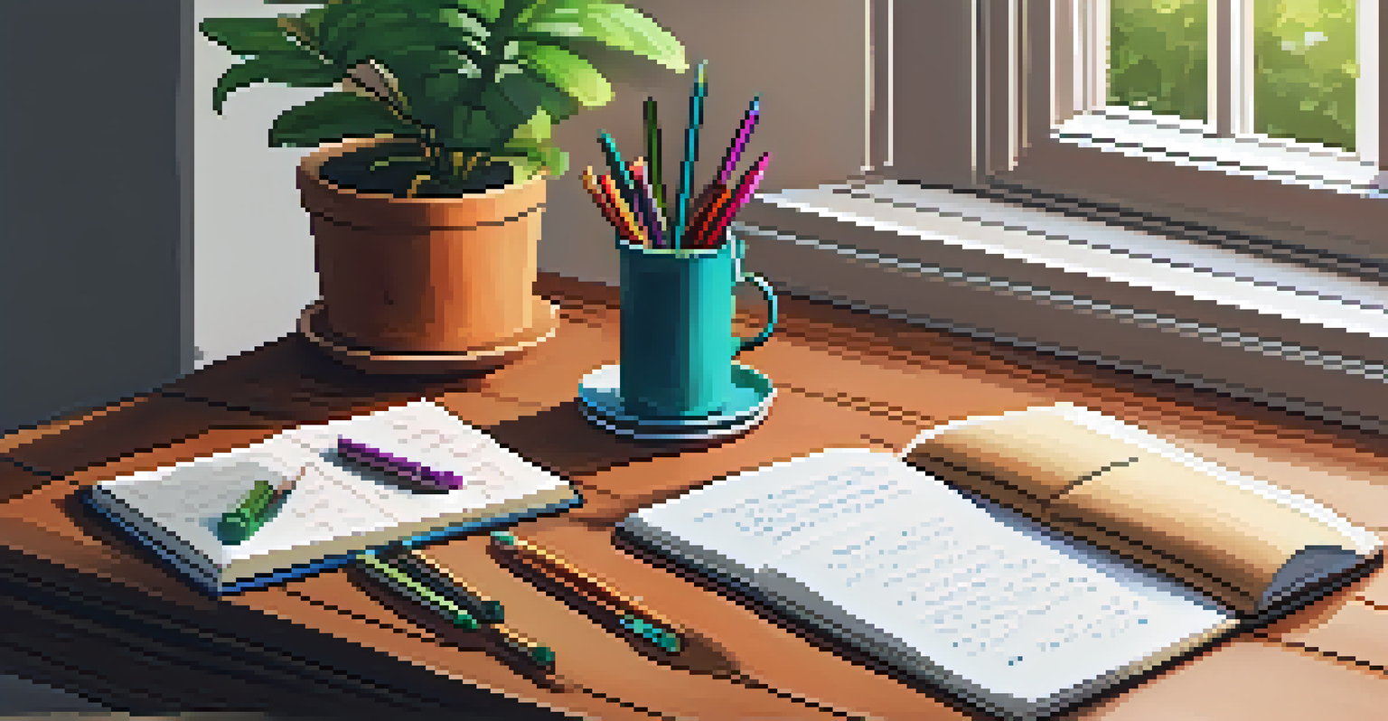 A cozy journaling space with an open notebook, colorful pens, and a potted plant in warm light.