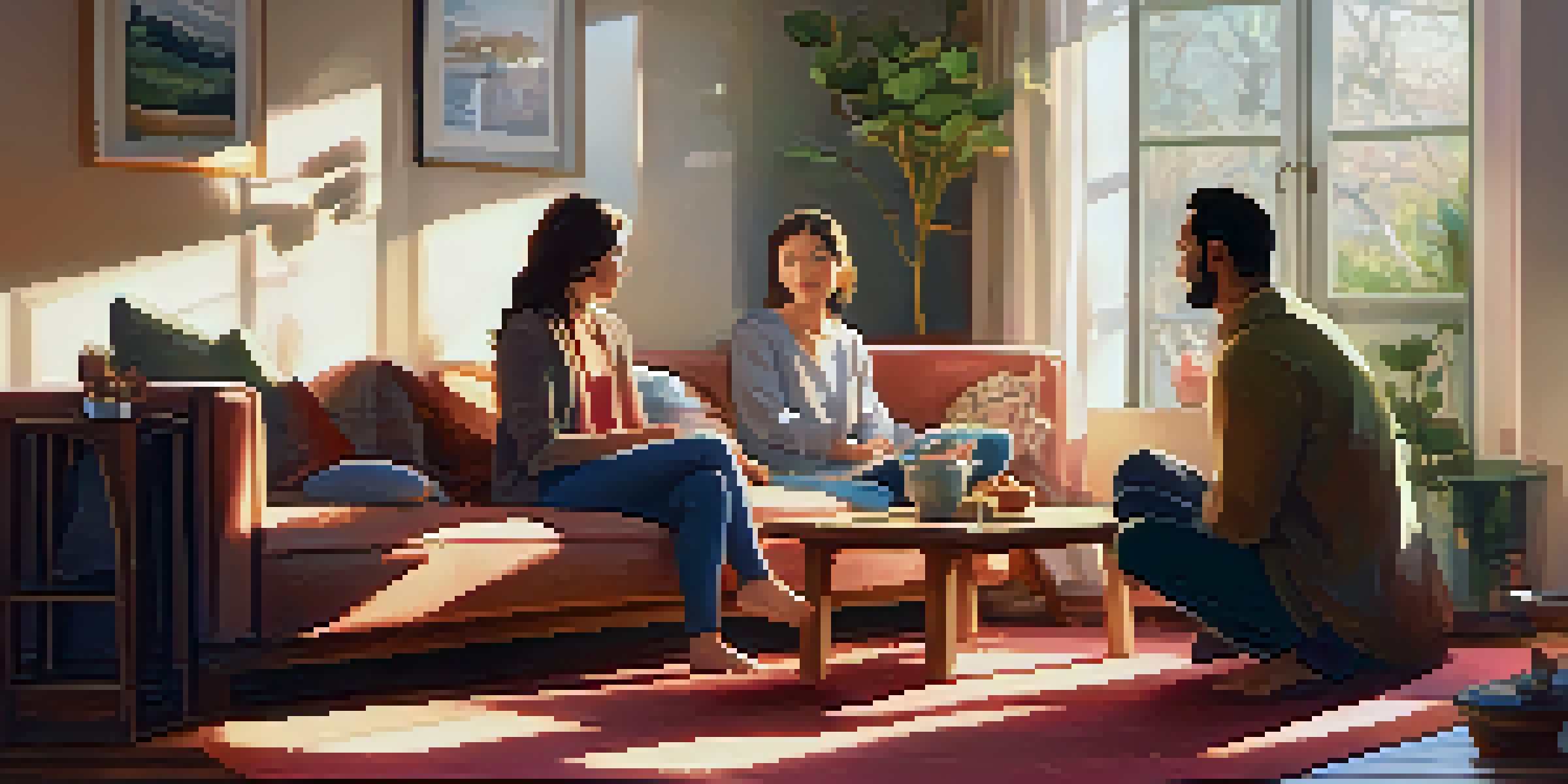 A family of four sitting on cushions in a cozy living room, engaged in mindfulness meditation with sunlight filtering through the window.
