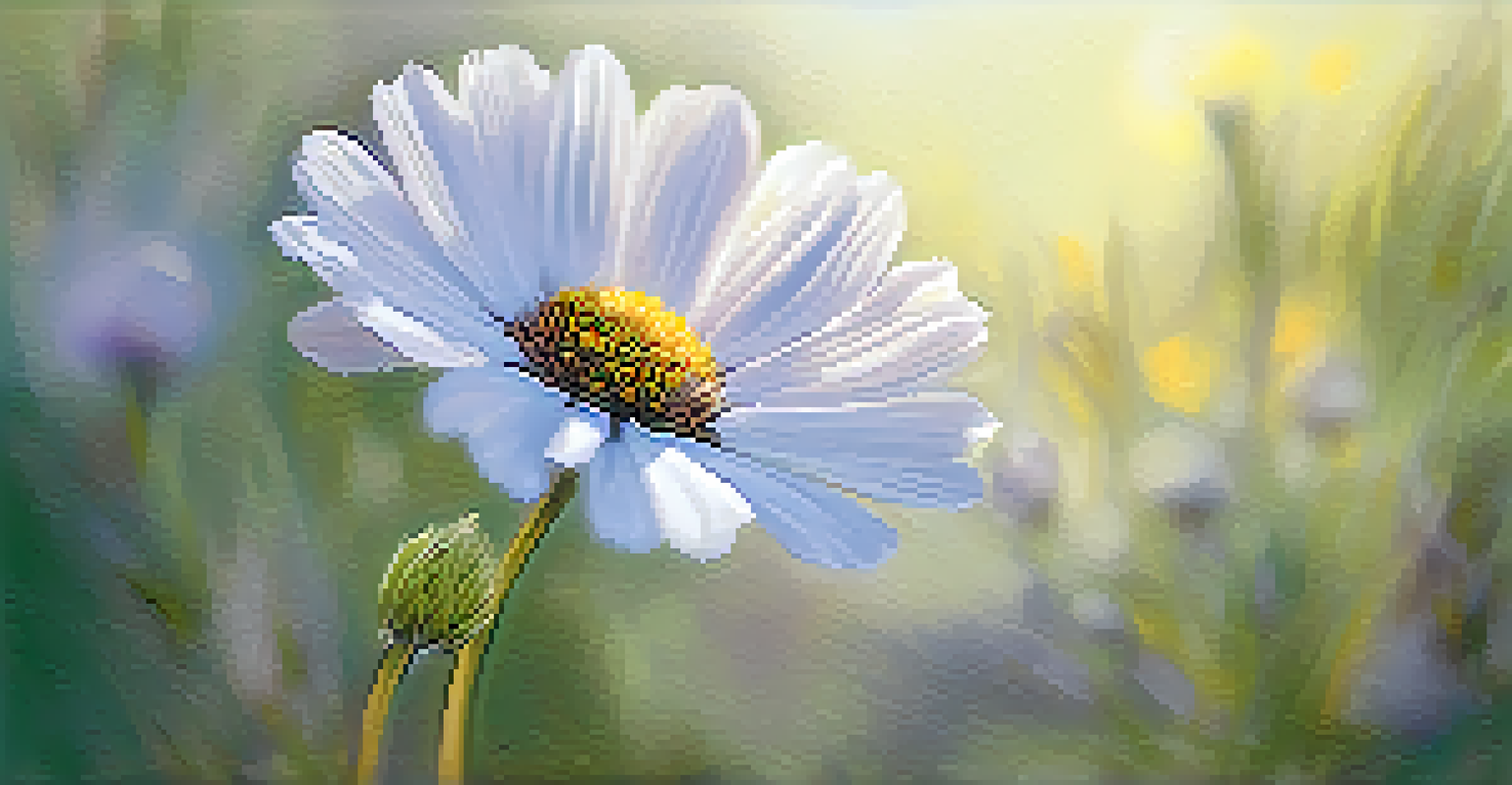 A close-up of a single wildflower with detailed petals, softly illuminated by sunlight and a blurred background.