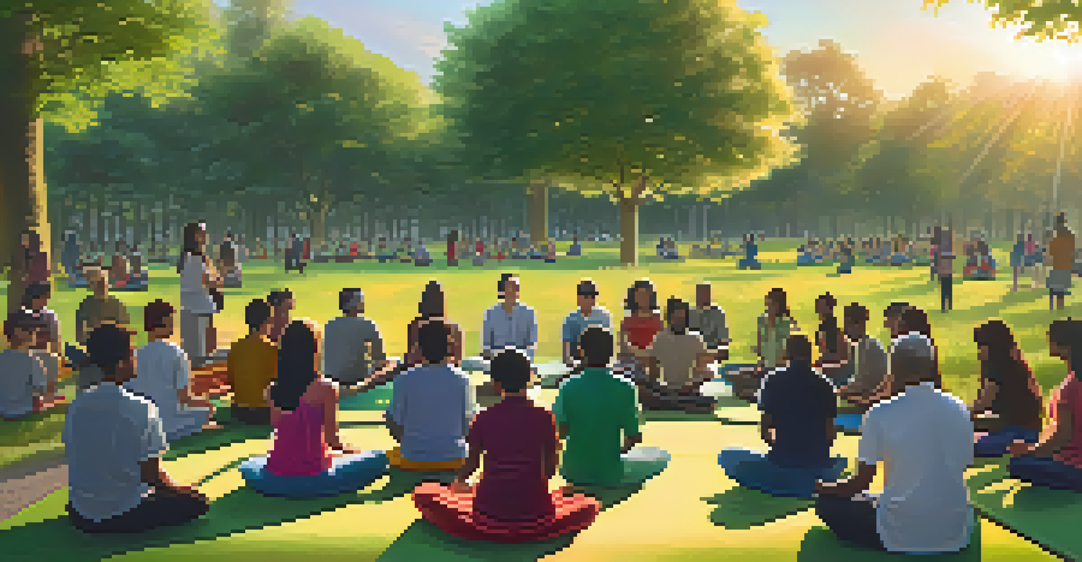 A group of individuals meditating in a park during sunset, with a teacher guiding the session, surrounded by greenery and colorful mats.