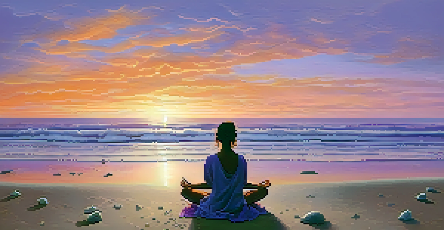 A calm beach at sunset with a person meditating on the sand as waves gently wash ashore.