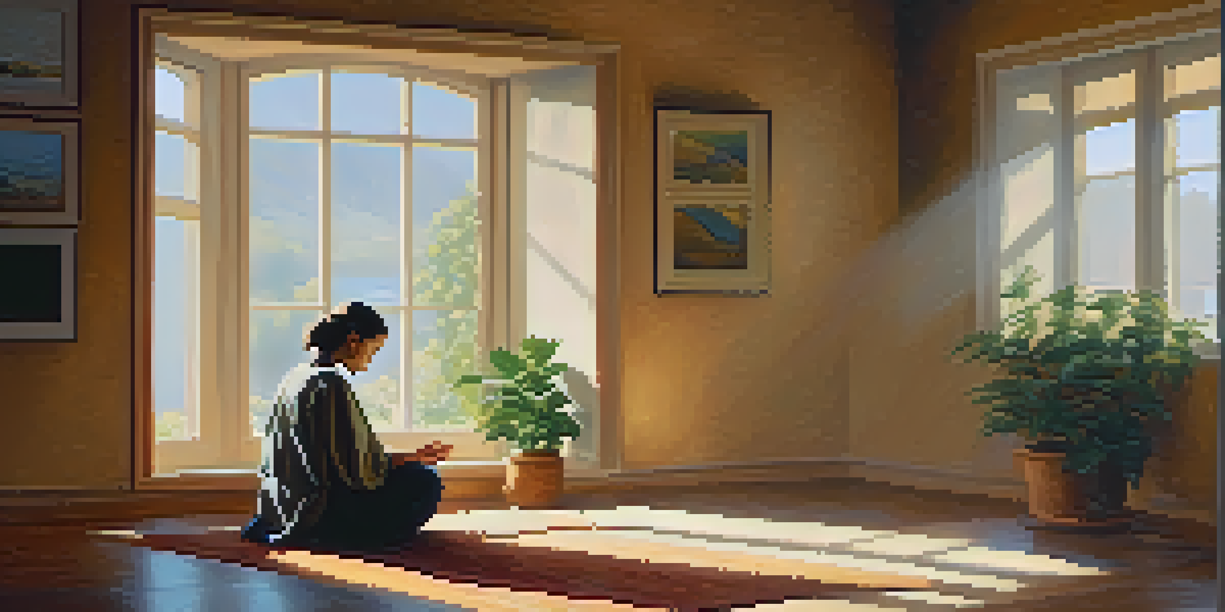 A person sitting in a peaceful room, hands in prayer, with soft morning light filtering through the window.