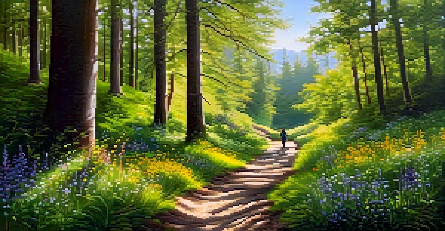 A couple walking hand in hand on a sunlit forest path, surrounded by trees and wildflowers, symbolizing a spiritual journey.