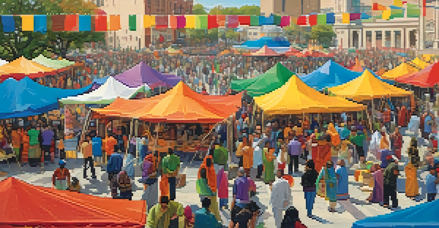 A lively interfaith festival in a public square with colorful tents, people sharing food, and engaging in discussions.