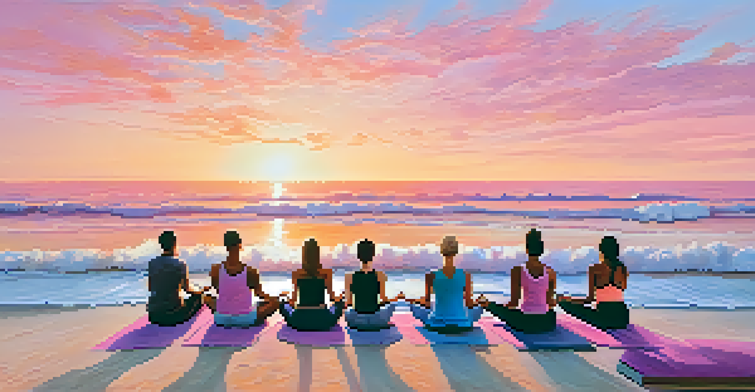 A beach at sunrise with people practicing yoga, surrounded by a beautiful ocean view.