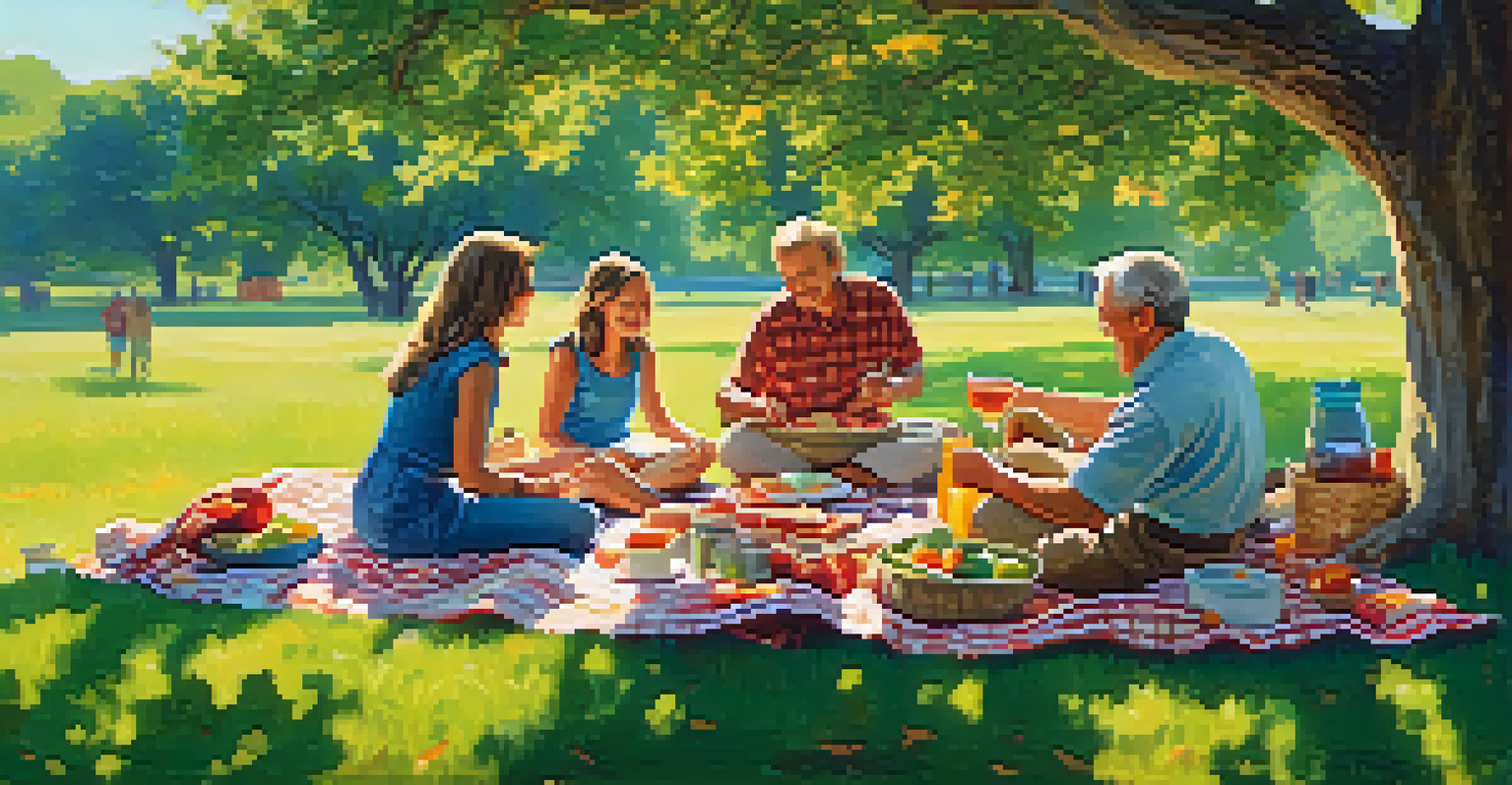 A joyful family picnic under a large oak tree, with a colorful blanket and lush greenery around them.
