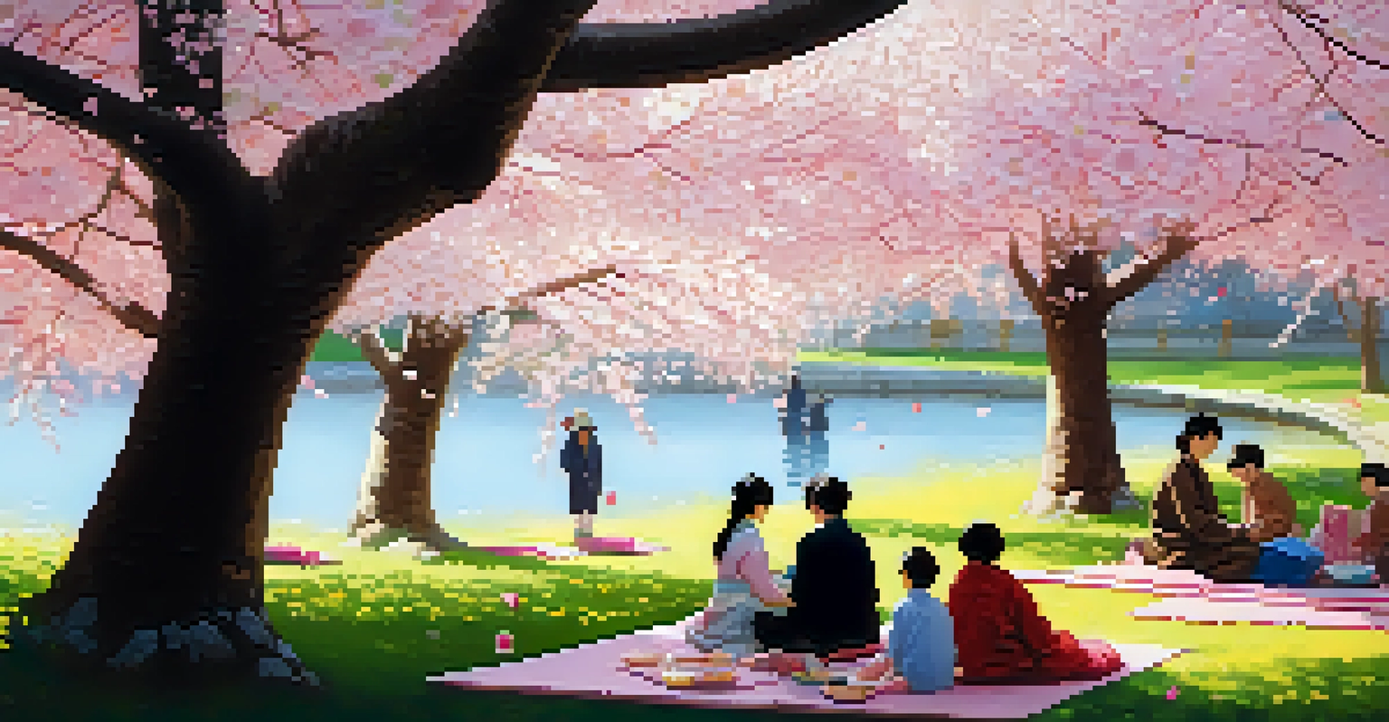 People enjoying Hanami under cherry blossom trees with pink petals falling around them.