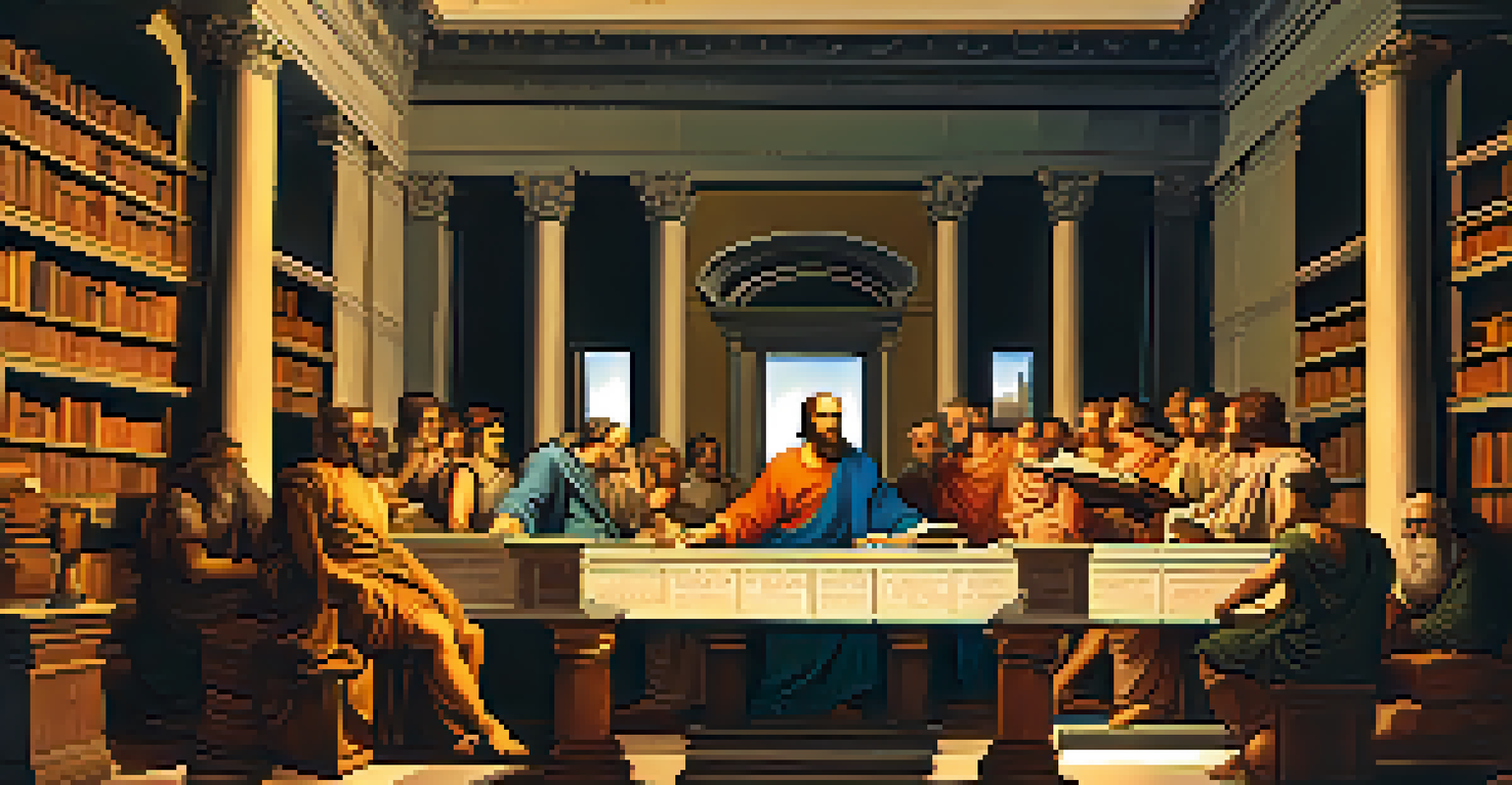 An illustration of ancient philosophers Plato and Aristotle discussing ideas in a grand library, illuminated by candlelight.