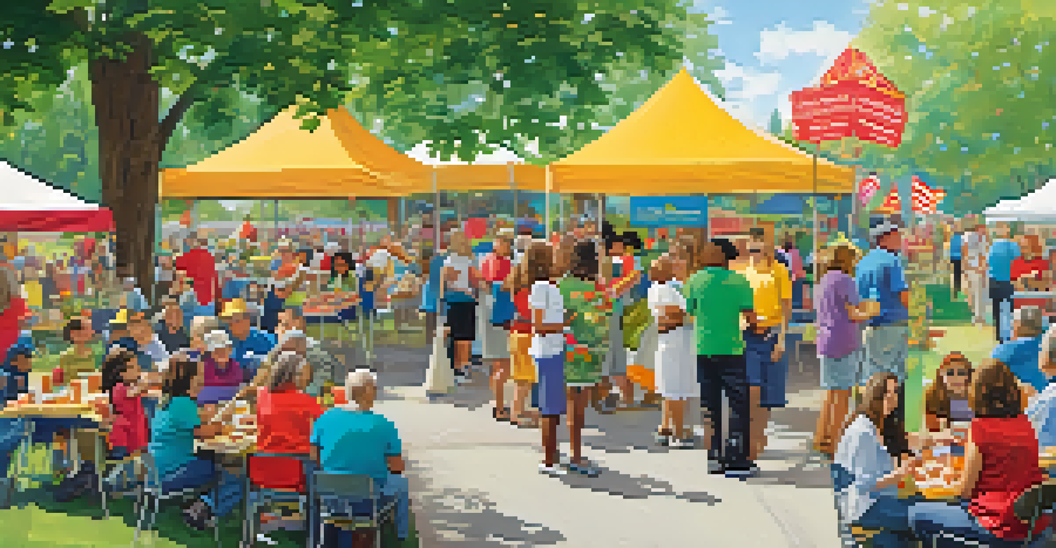 A lively community gathering in a park with people participating in various service activities, showcasing connection and giving.