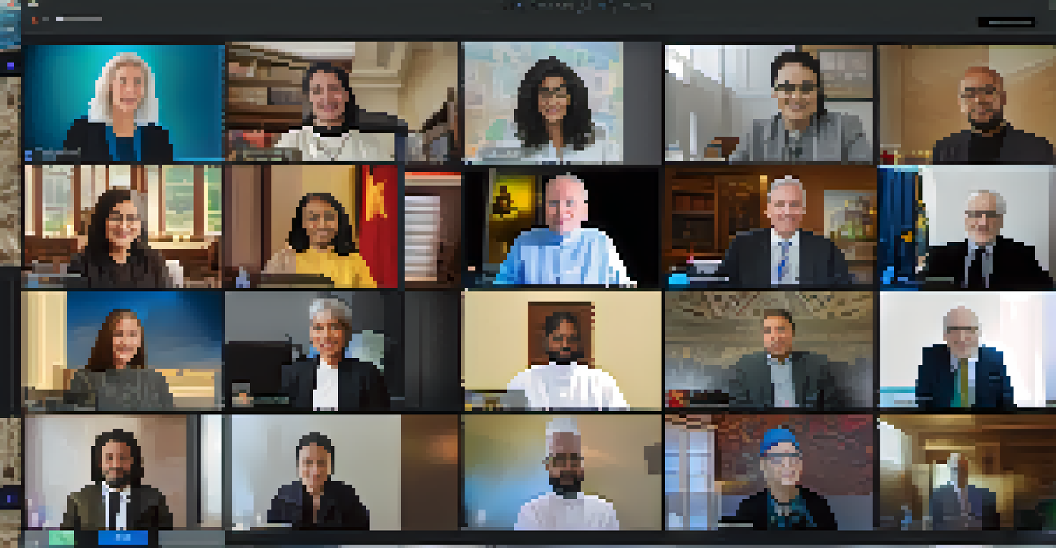 A computer screen showing a virtual meeting on interfaith dialogue with diverse participants and religious symbols in the background.