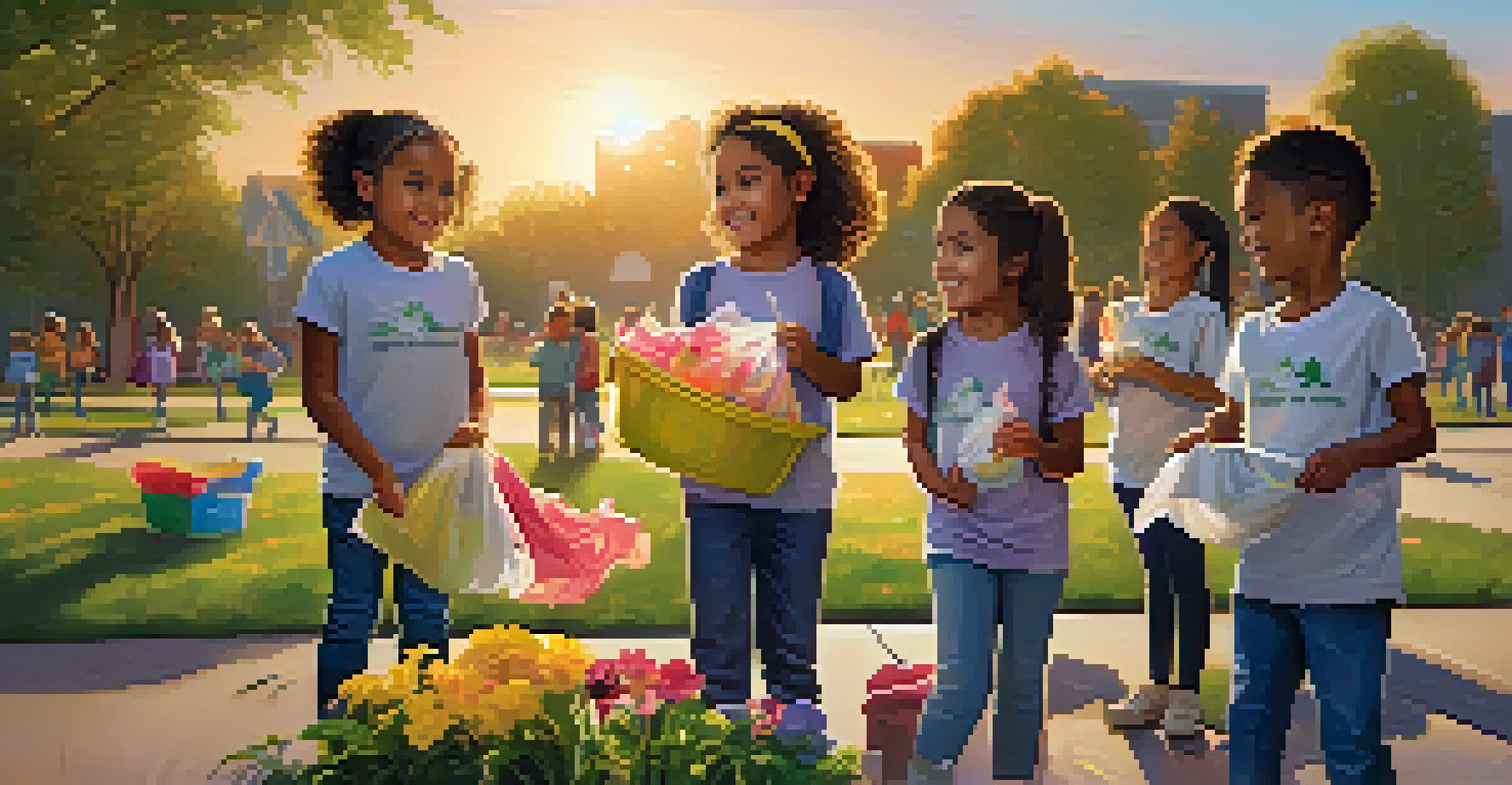 Children happily cleaning up a park during a community event, with playground equipment and sunset in the background.