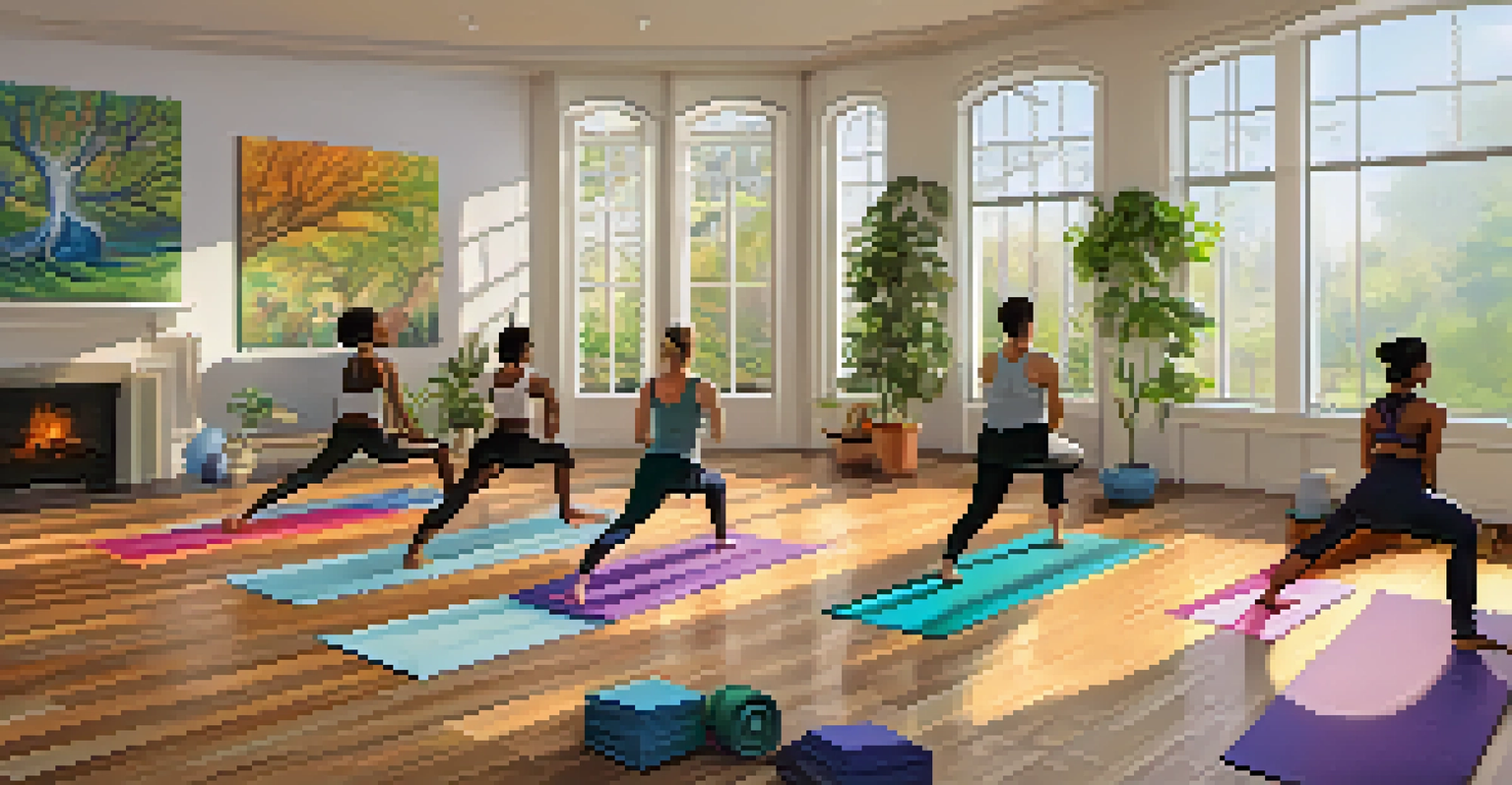 A yoga studio with individuals practicing yoga poses, surrounded by inspiring quotes and plants, filled with natural light.