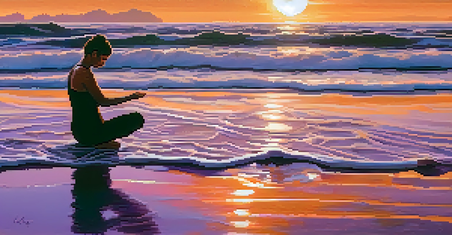 A person meditating by the ocean at sunset, with waves gently touching their feet, illustrating tranquility and connection with nature.