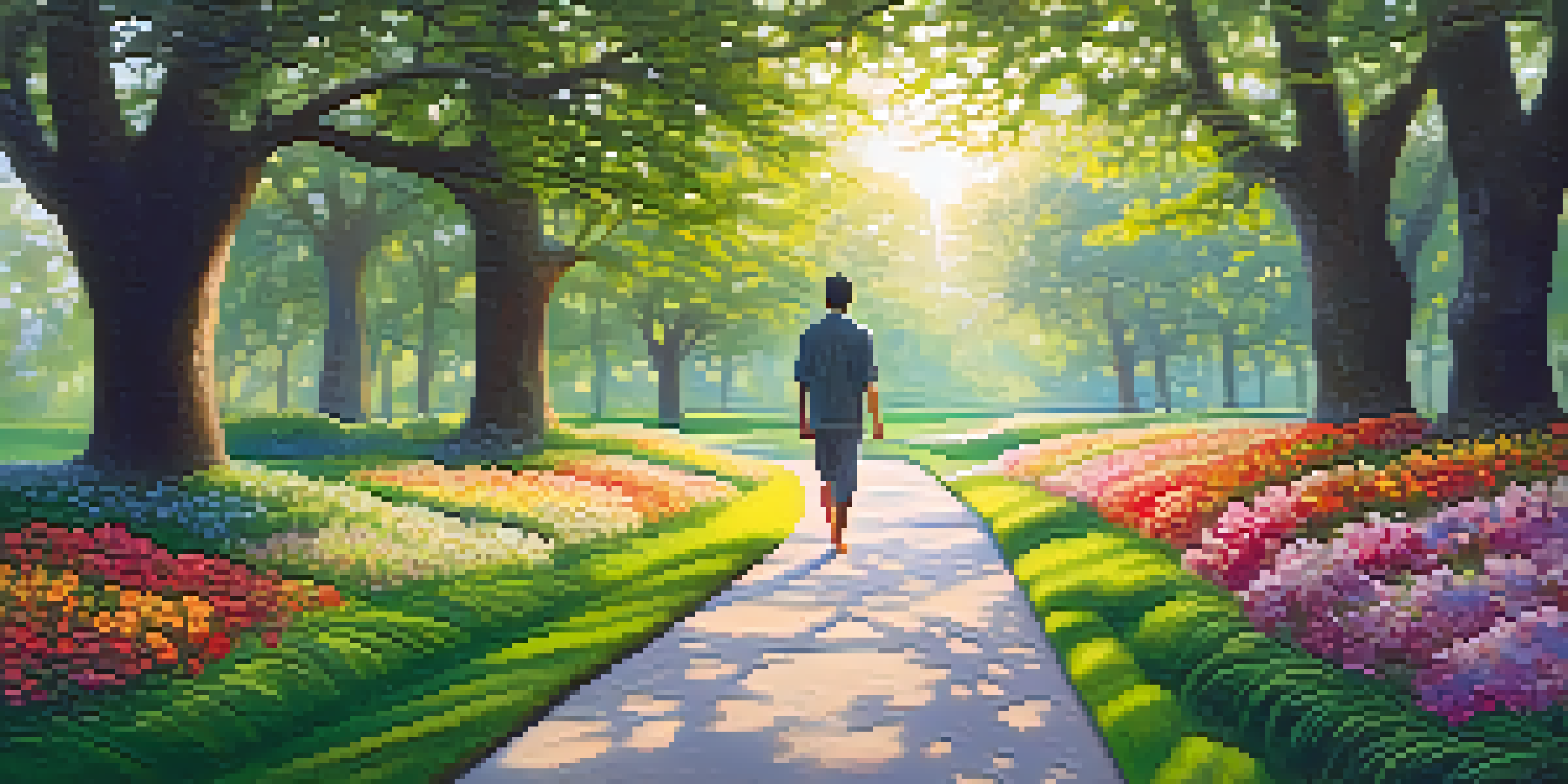 A person walking barefoot in a serene park, surrounded by greenery and flowers, during dawn with soft sunlight.
