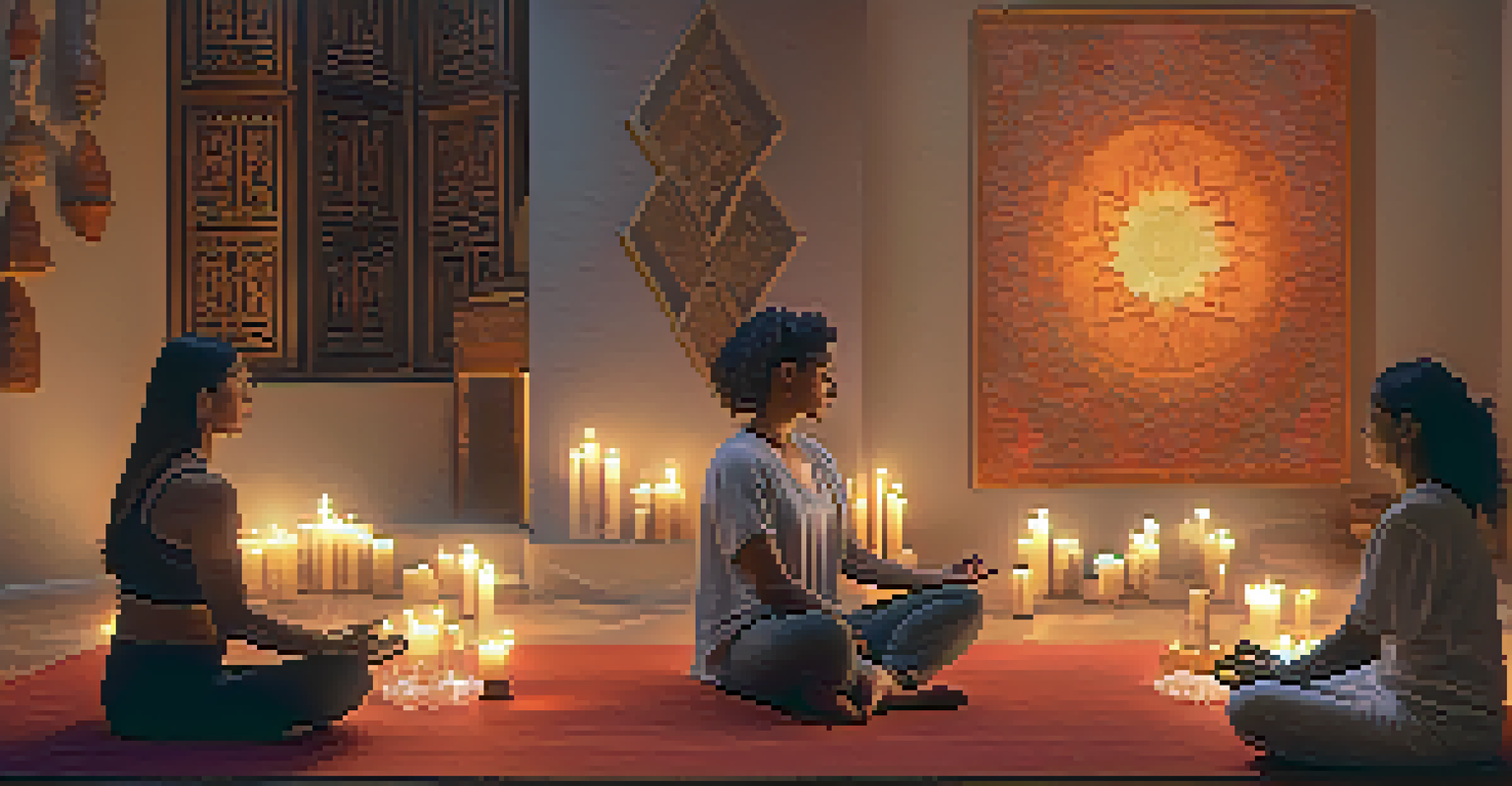 A peaceful sound healing session with participants lying on mats as a practitioner uses a singing bowl in a softly lit room.