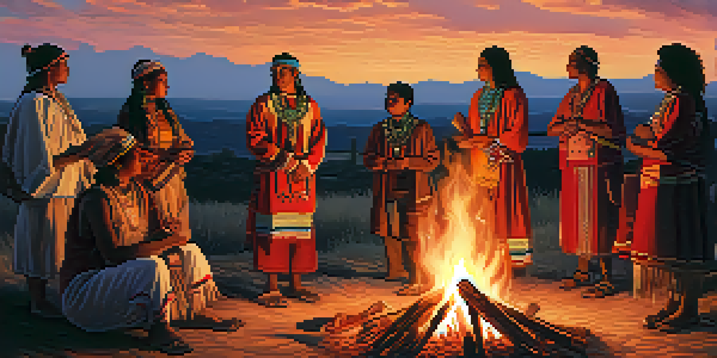 A peaceful scene of an Indigenous community gathered around a bonfire during sunset, showcasing traditional attire and cultural artifacts.