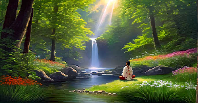 A peaceful forest scene with wildflowers and a stream, featuring an indigenous person meditating.