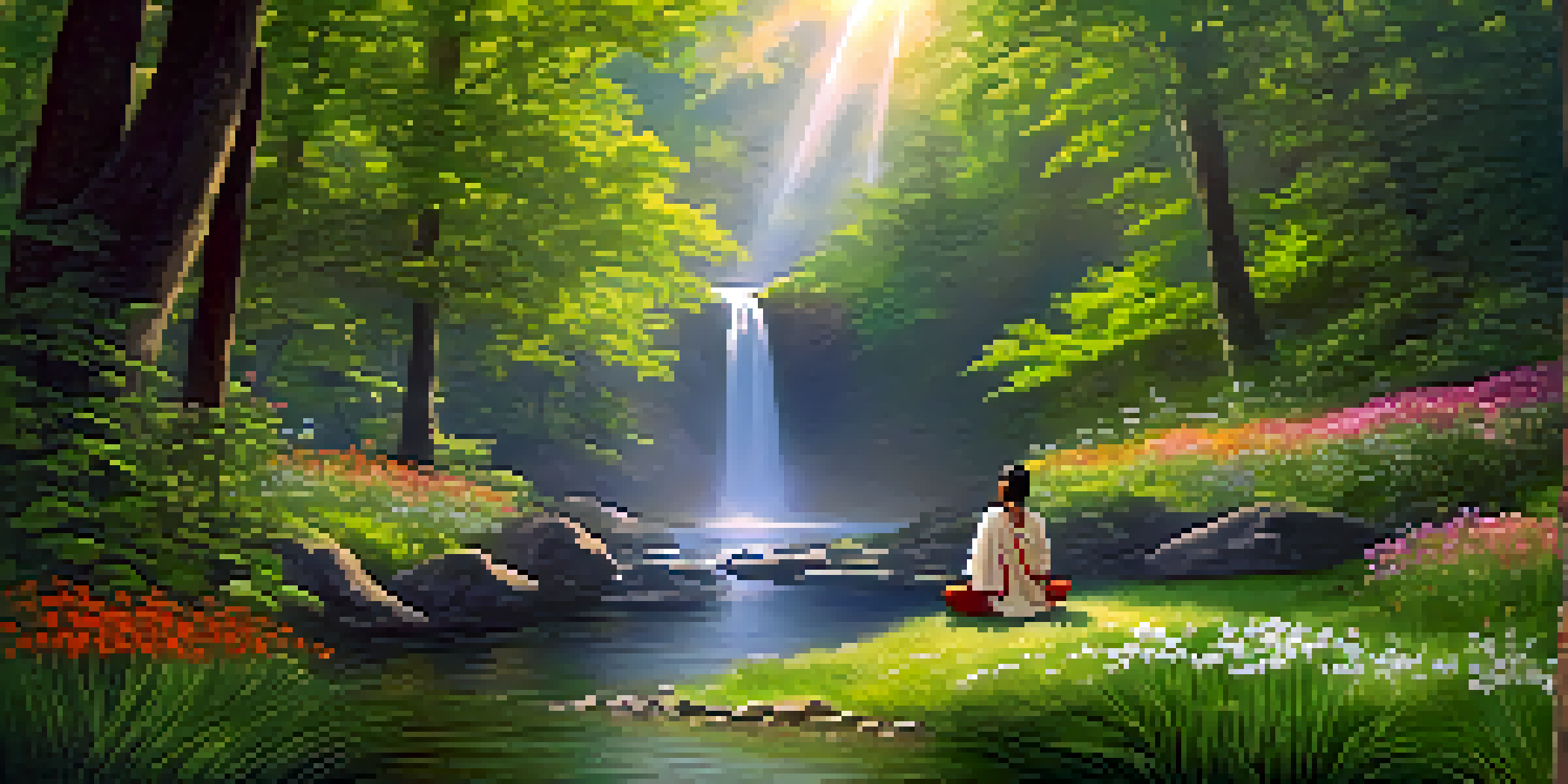 A peaceful forest scene with wildflowers and a stream, featuring an indigenous person meditating.