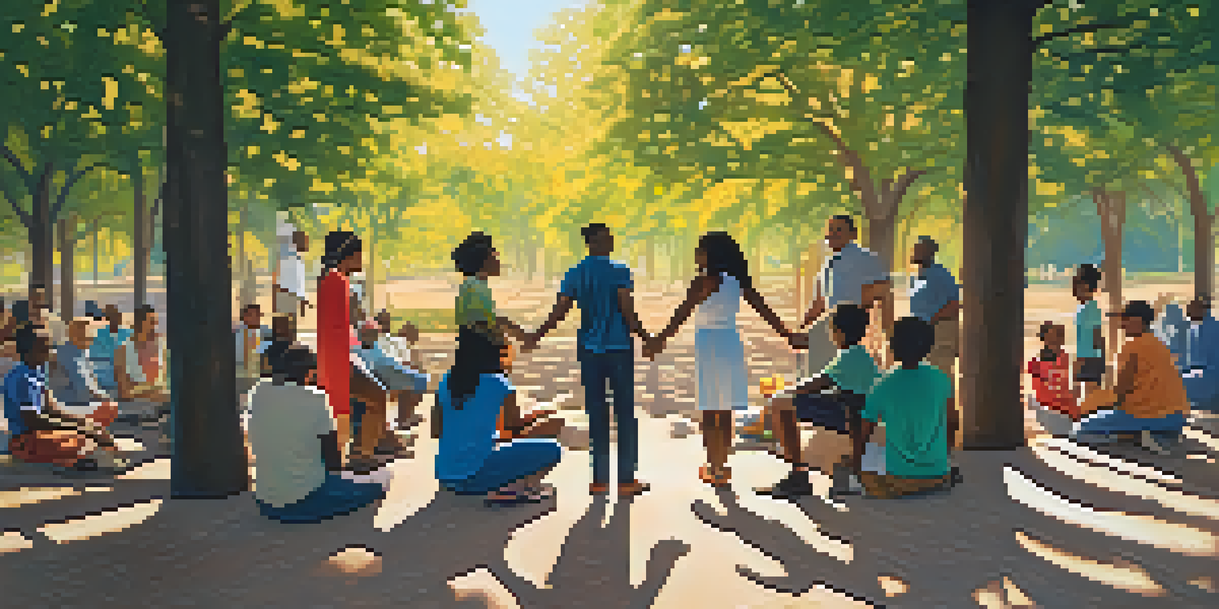 A diverse group of people holding hands in a circle outdoors, symbolizing unity and determination, with colorful banners around them.