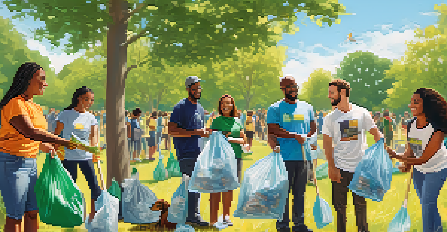 A diverse group of people participating in a community clean-up event in a park, picking up trash together.