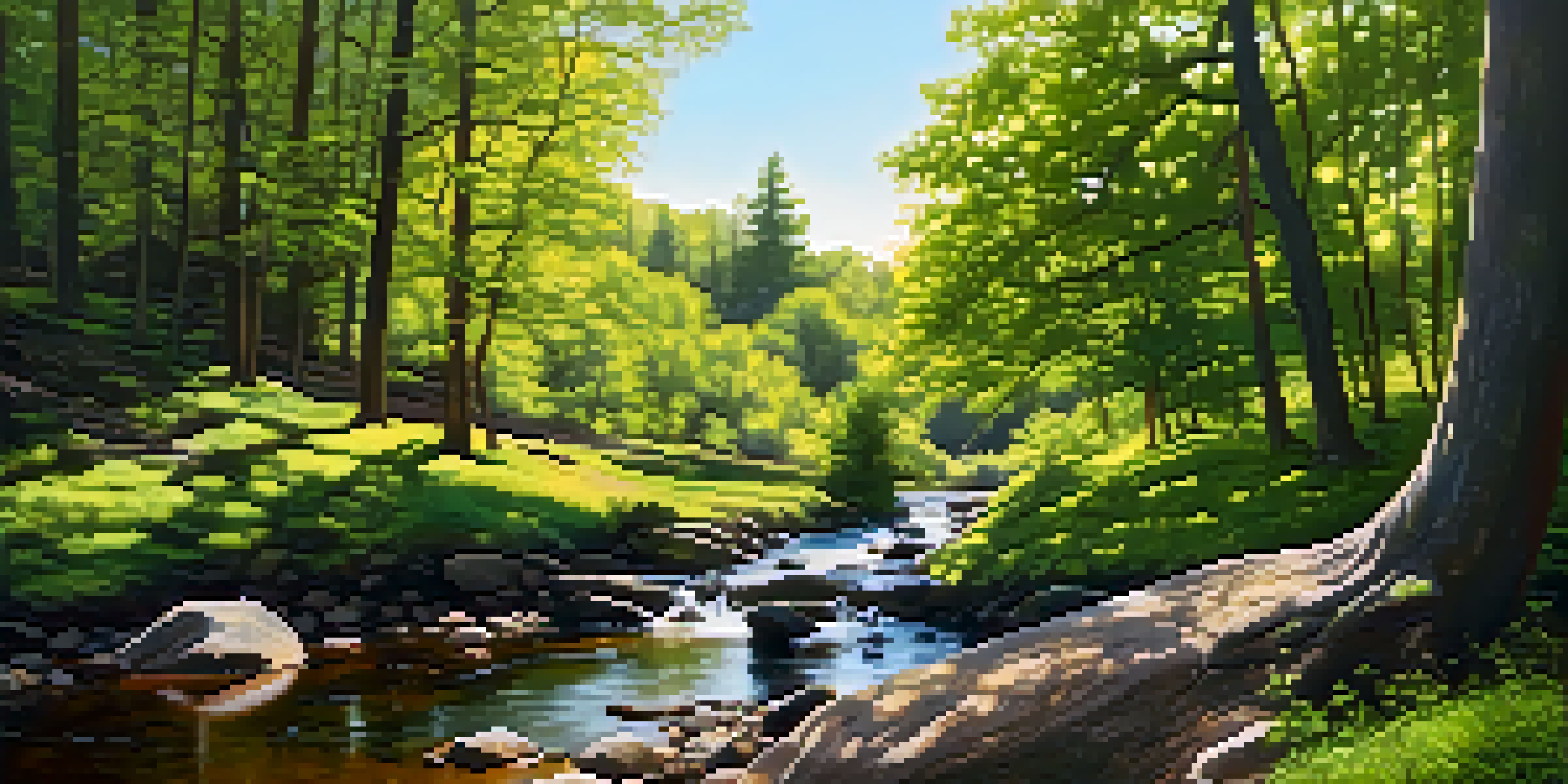 A calm forest scene with a painter sitting by a stream, surrounded by sunlight filtering through the trees.