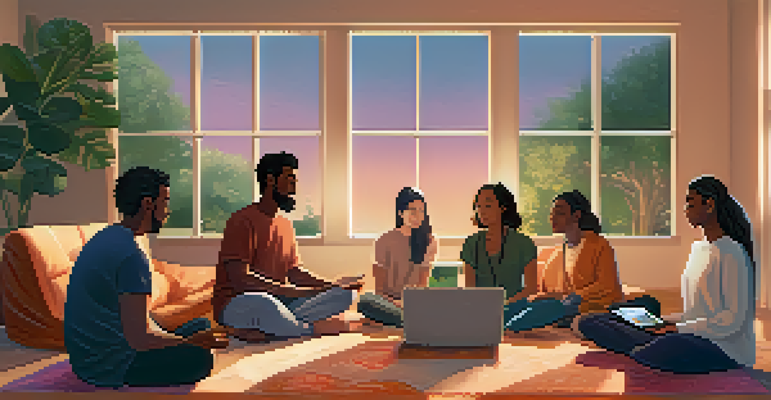 A cozy living room with individuals engaged in a virtual meditation session on their laptops, surrounded by cushions and a view of a serene garden.