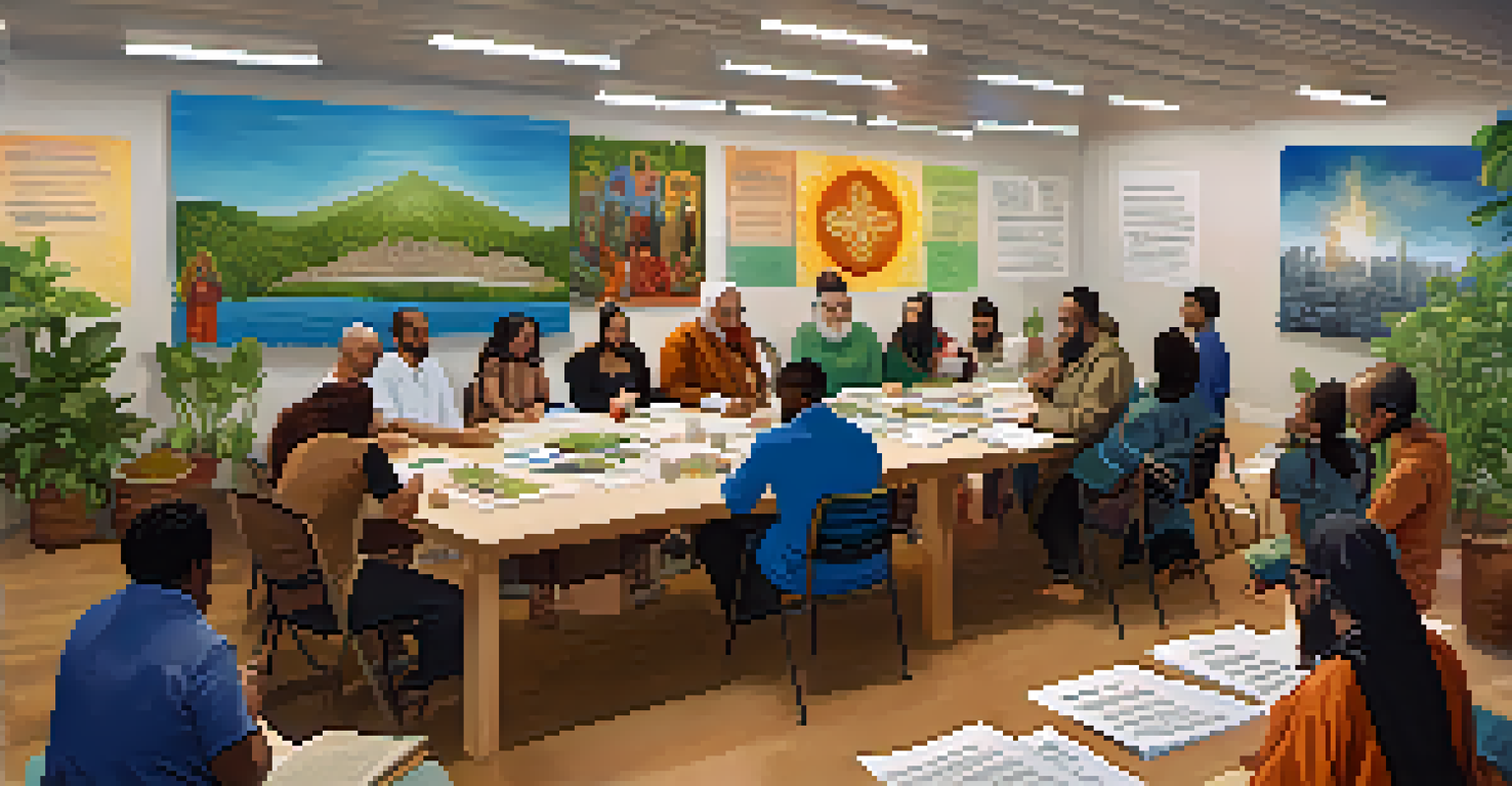 A diverse group of people in a community center working together on a project about climate change, surrounded by materials and plants.