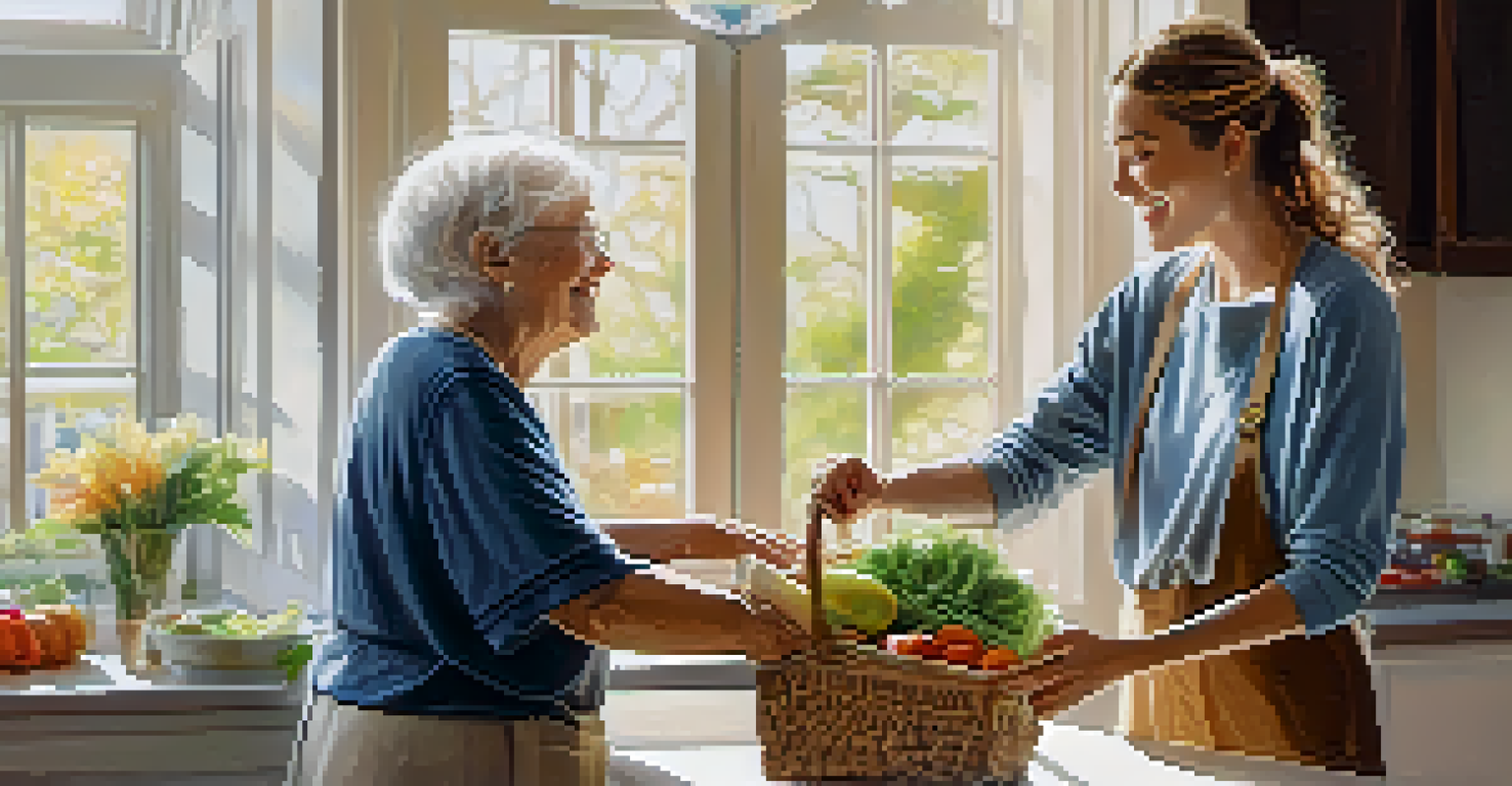 A young volunteer helping an elderly man with groceries in a cozy kitchen filled with natural light.