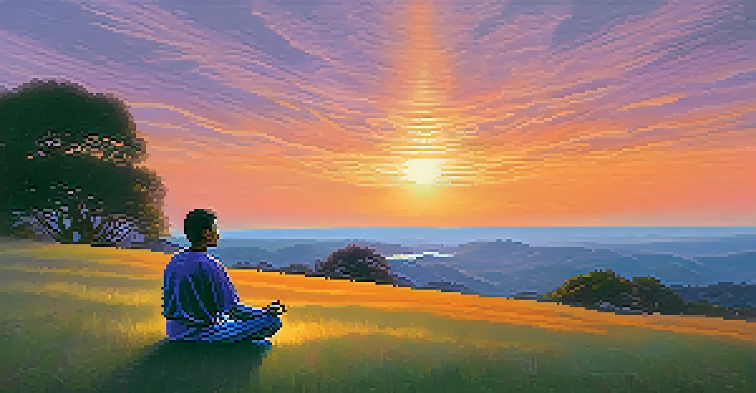 A person meditating on a grassy hilltop at sunset, surrounded by vibrant colors in the sky.