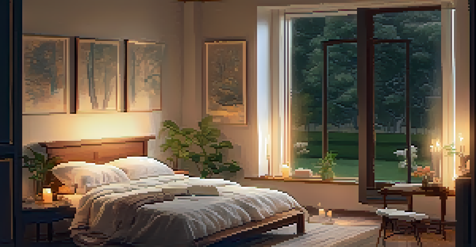 A tranquil bedroom with a person journaling on the bed, a lit candle beside them, and a view of a garden outside the window.