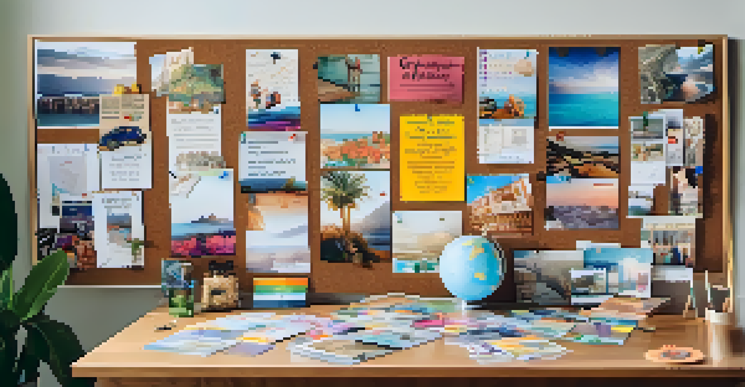A colorful vision board filled with images and quotes representing various goals and dreams, set in a bright room.